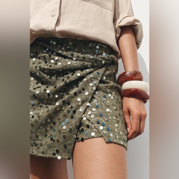 NWT- Zara Olive Sequin Wrap Skort - Picture 1 of 13